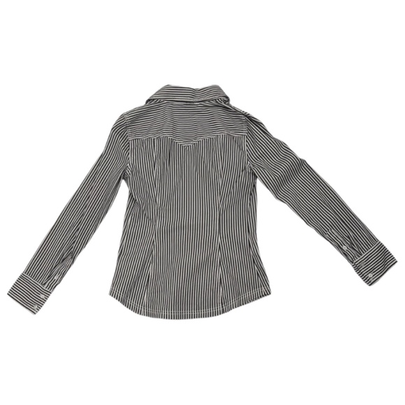 Guess Gray White Stripe Ruffle Fitted V-neck Button Up Shirt Size Medium - Picture 4 of 10